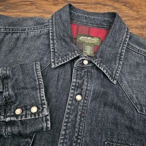 Eddie Bauer Denim Pearl Snap Jacket Flannel Lined Mens Large Tall‎ Work Coat